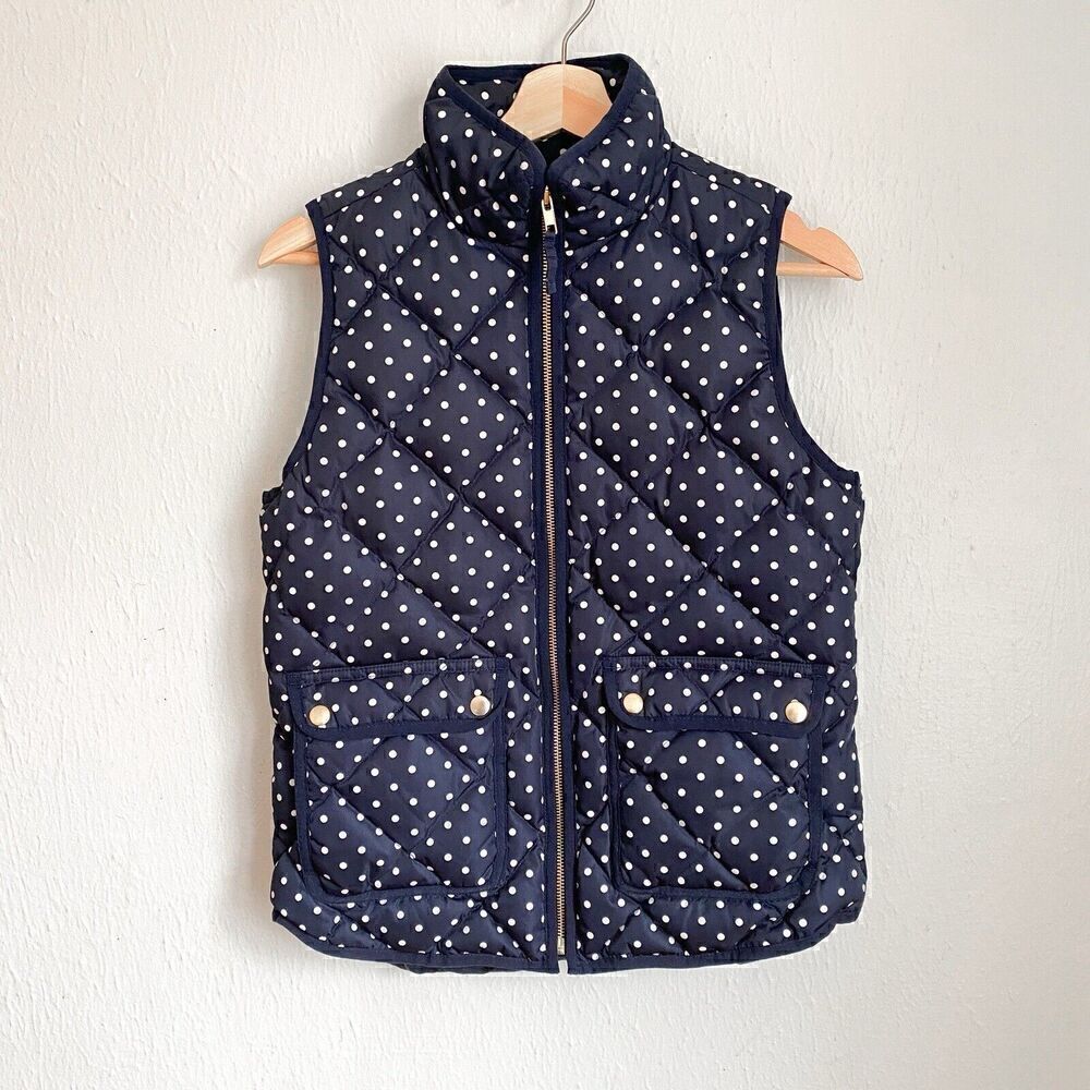 J. Crew Polka Dot Navy White Quilted Puffer Full Zip Down Vest Women’s XS